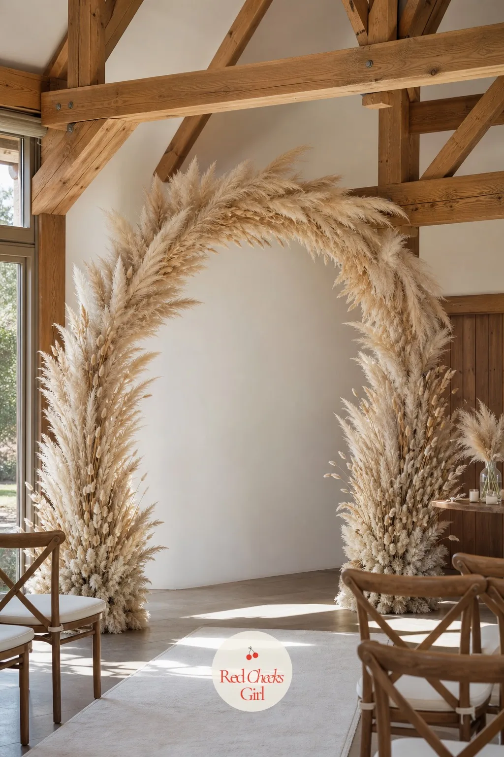 Pampas Grass and Dried Bunny Tail Arch — Not every bride wants fresh flowers wilting by the time the ceremony starts, and dried textures solve that before the