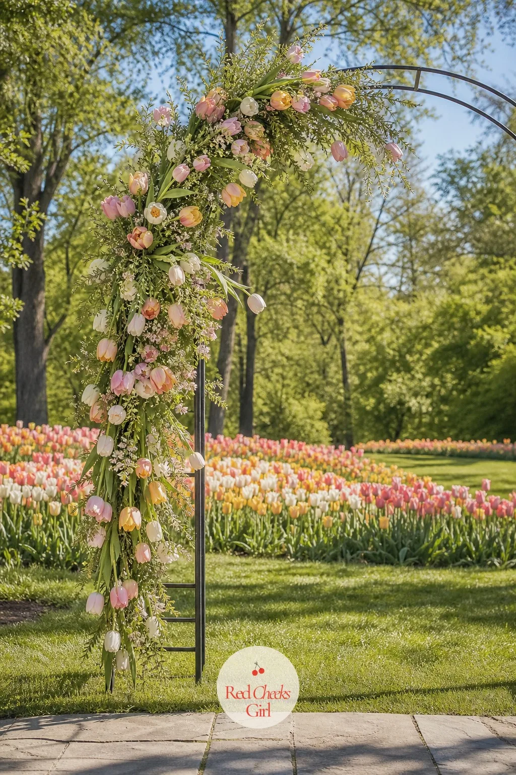 Tulip Drift Arch — Tulips bend on their own, and fighting that with wire only makes them look stiffer than they're meant to. Wedding arch flowers