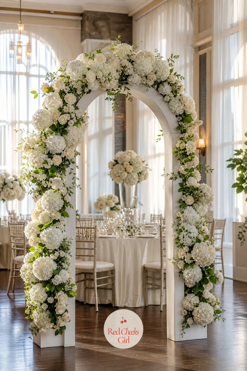 White Hydrangea and Roses — This is the one every florist can build with her eyes closed, because the shapes do the work for her: hydrangea gives volume, roses