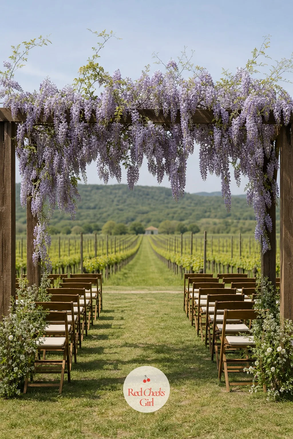 Wisteria Hanging From the Top — An arch doesn't have to sit still, and wisteria gives it the one thing roses can't manage: real movement in the wind. Wedding