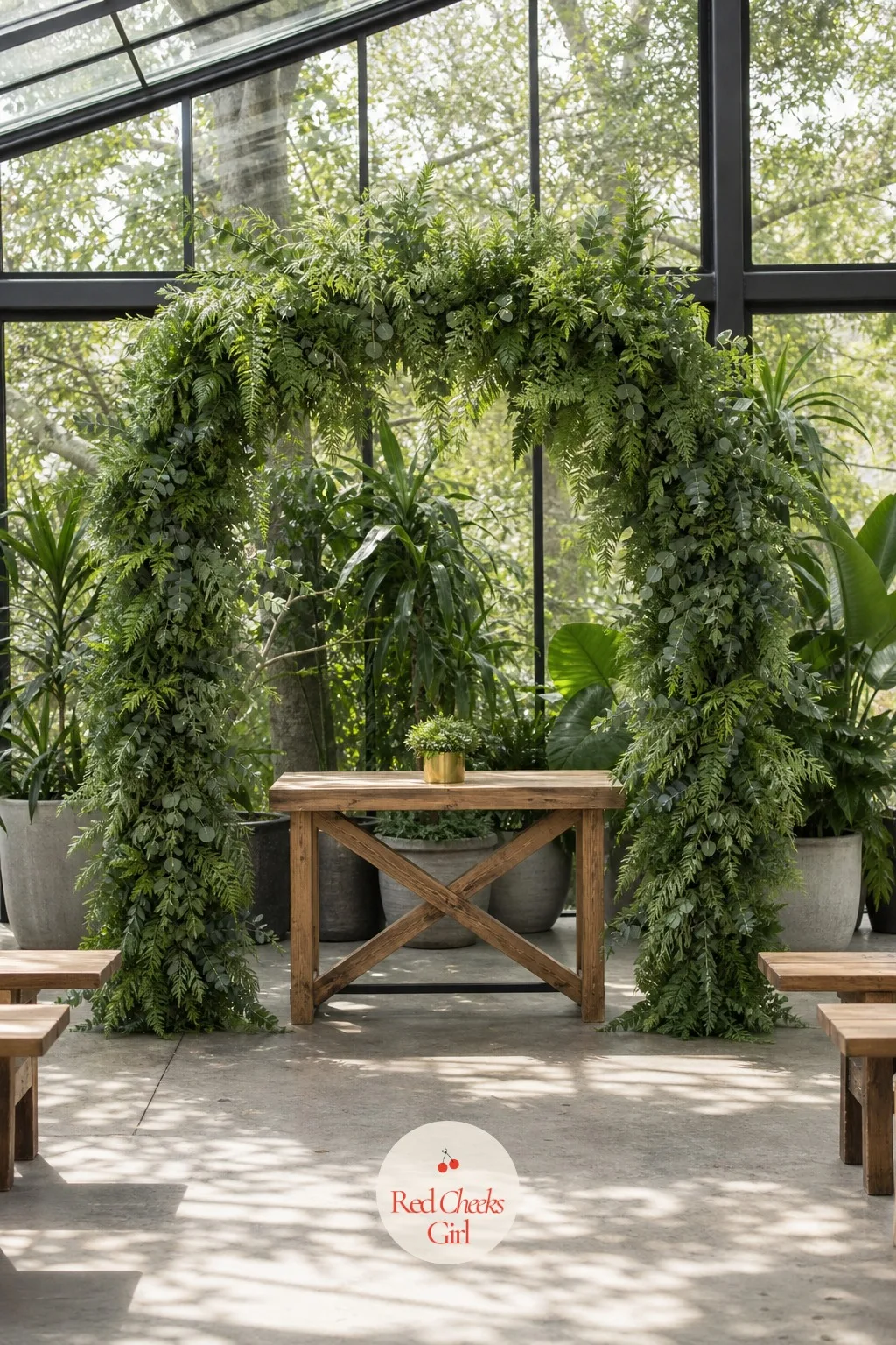 Greenery and Fern Arch — Greenery is the cheapest stem on any florist's list, and a full arch of it still looks finished because the textures do the work