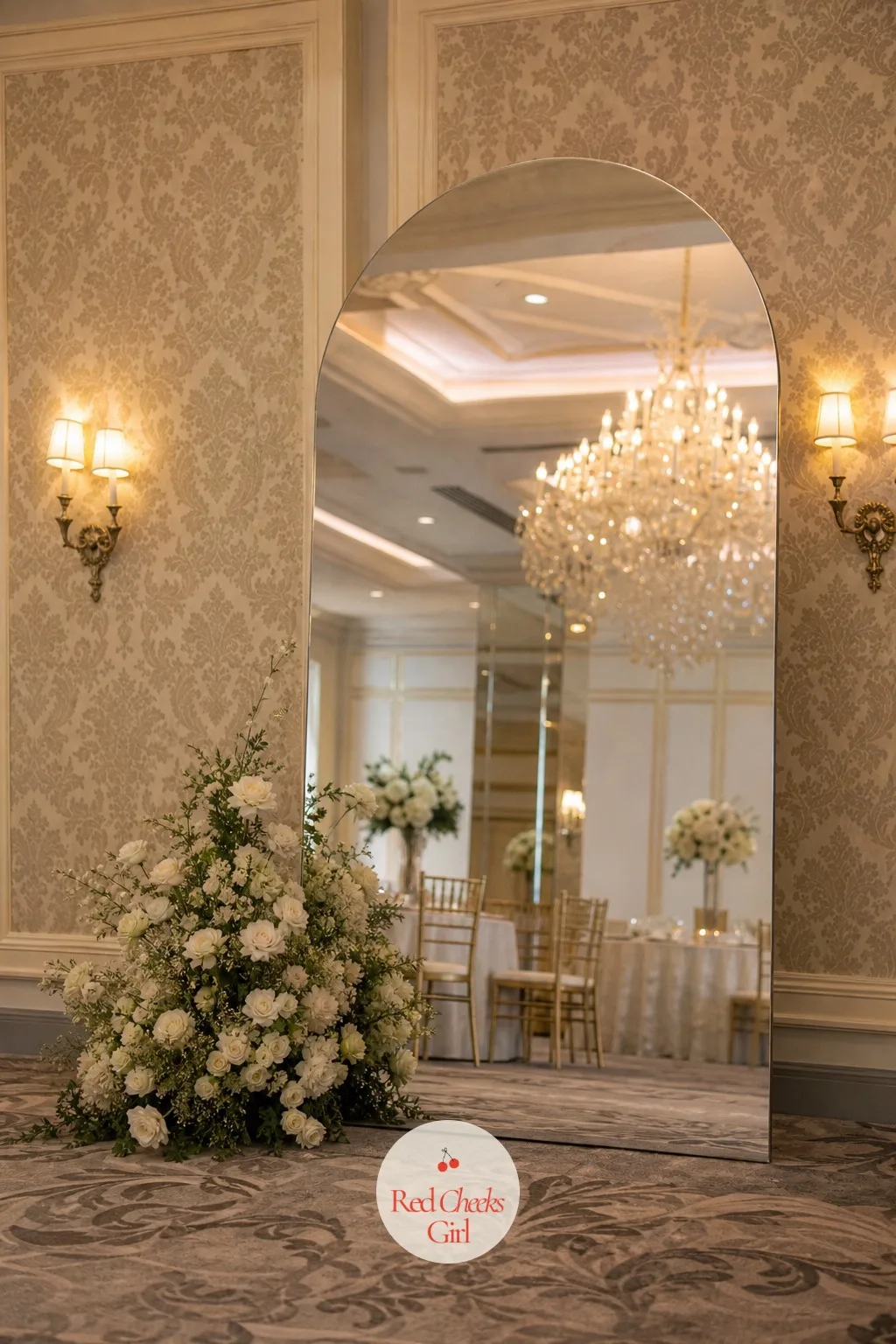 Mirror Arch — A mirror arch does not just decorate the ceremony, it doubles the room in every photo, chandeliers and all. Wedding arch ideas