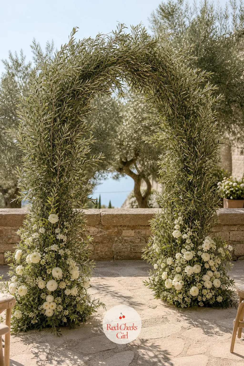 Olive Branch Arch — Olive leaf has a silvery, slightly dusty green that photographs beautifully against pale stone, and it rarely needs much flower added to