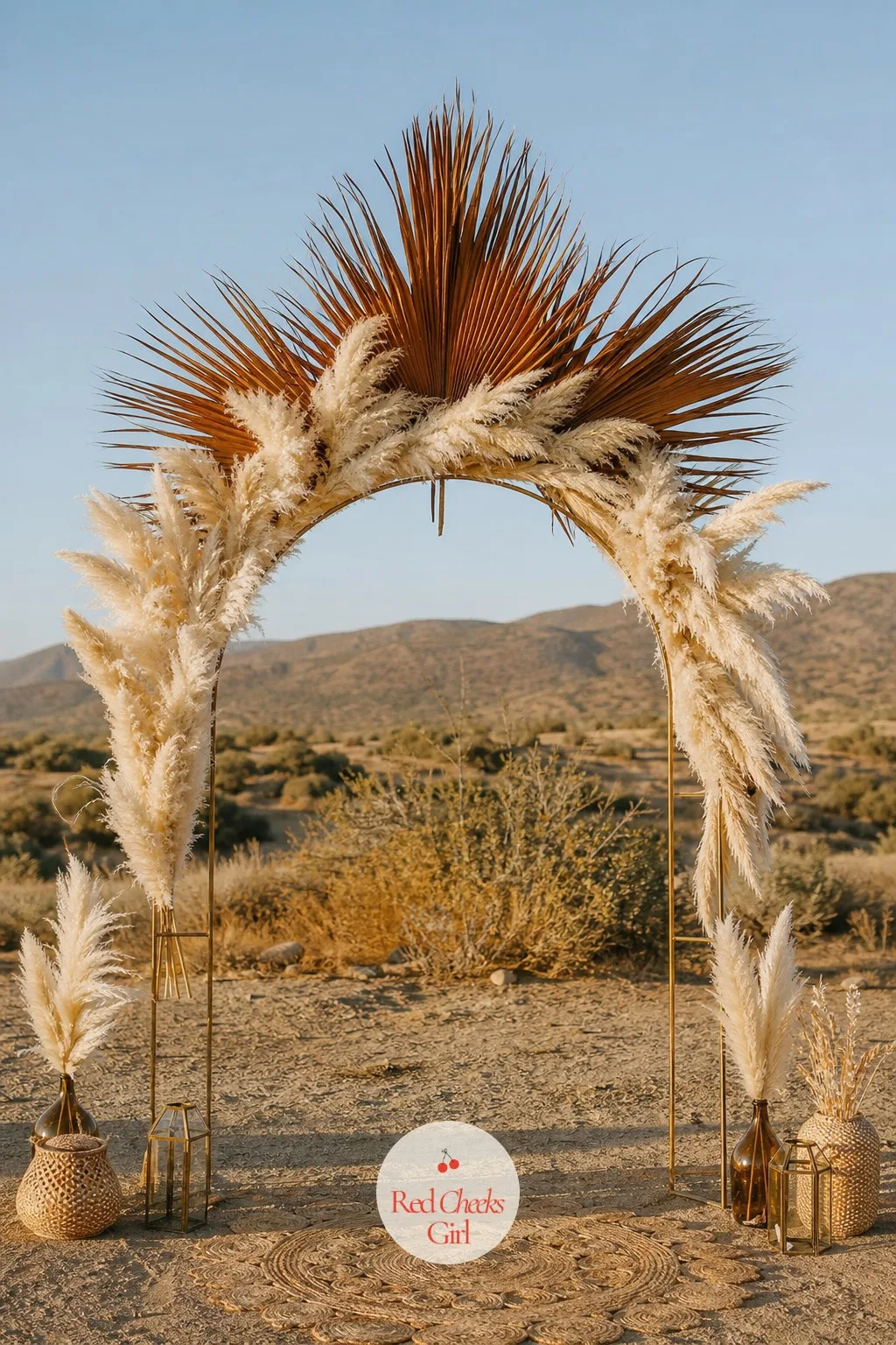 Pampas Grass and Dried Palm Sunburst Arch — A sunburst shape at the top of an arch reads as intentional rather than overgrown, and dried material means it