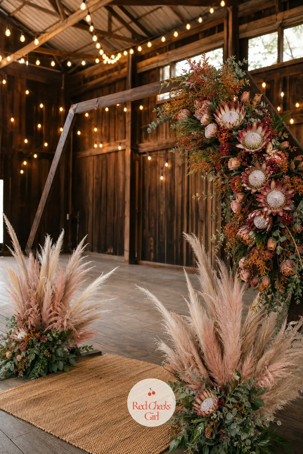 Protea and Pampas Arch — This pairing has a slightly wild, sun-bleached look that a tight floral wrap never gets, it suits a couple who wants boho without it