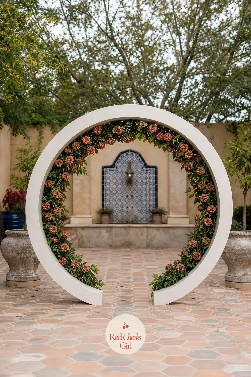 Round Moon Gate With Roses — A circle changes the whole feeling of standing under it, there is no implied doorway, just a frame that holds the couple at the