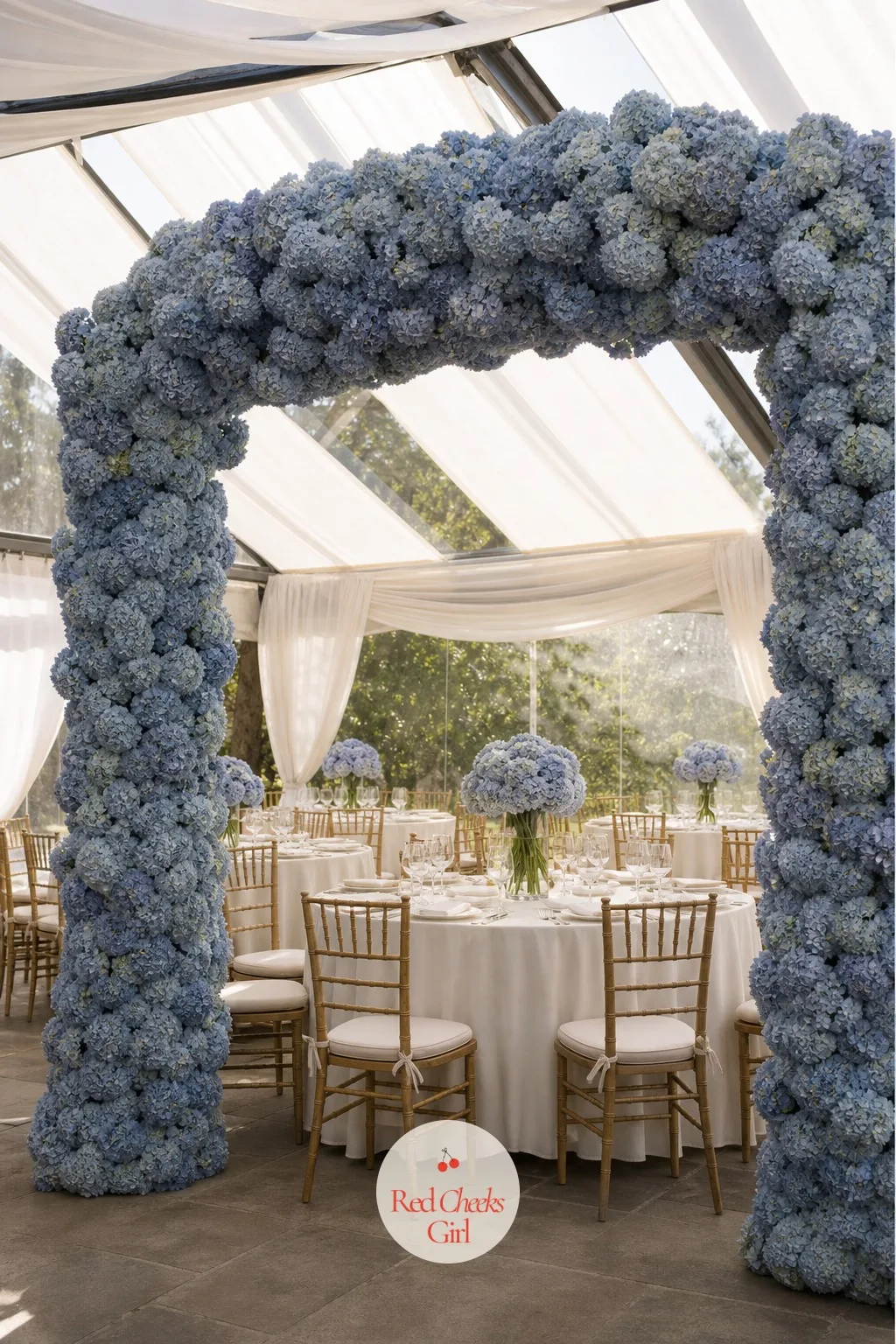 Single Flower Hydrangea Arch — One flower, bought by the box, covers an arch faster and cheaper than any mixed bouquet ever will. Wedding arch ideas