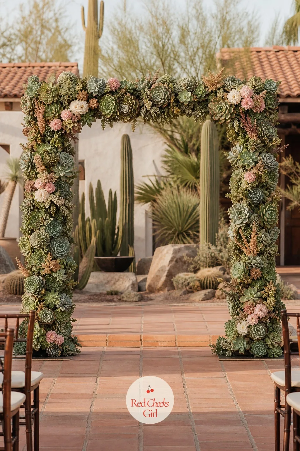 Succulent and Cactus Arch — Fresh flowers struggle in real desert heat, succulents do not, which makes this the practical choice for a venue most florists