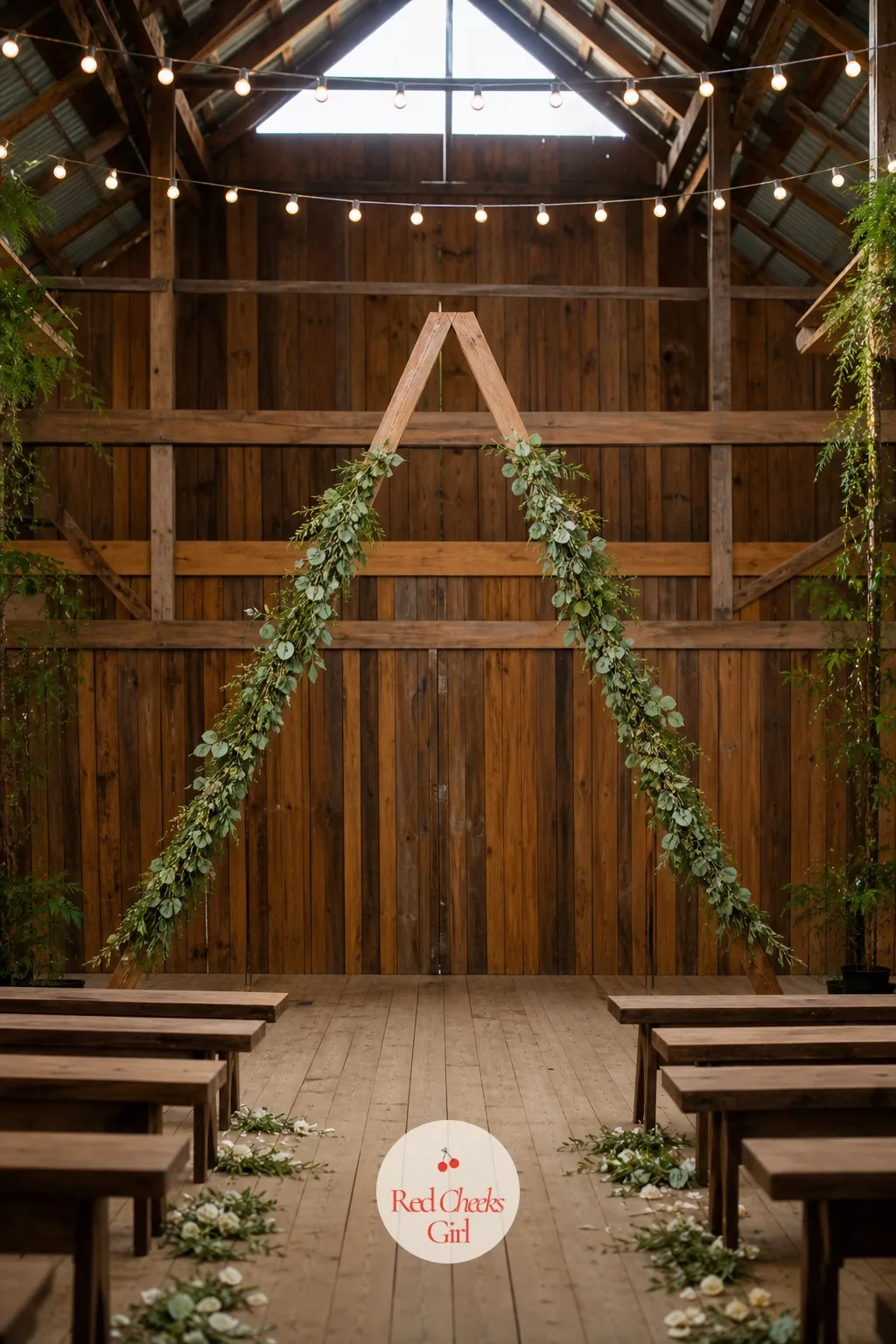 Triangle Wooden Arch — A peak instead of a curve changes the whole mood of a barn ceremony, it reads as modern rustic rather than traditional. Wedding arch