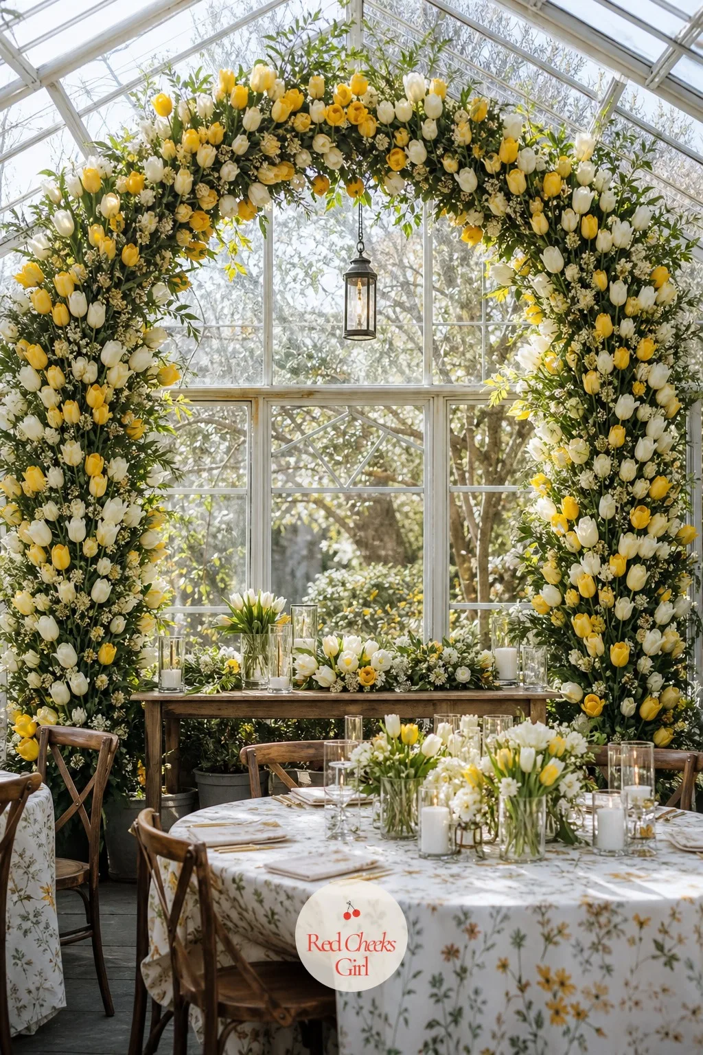 Tulip Covered Arch — Tulips read as spring the second anyone sees them, and they are one of the cheaper flowers to buy by the hundred, which matters when you
