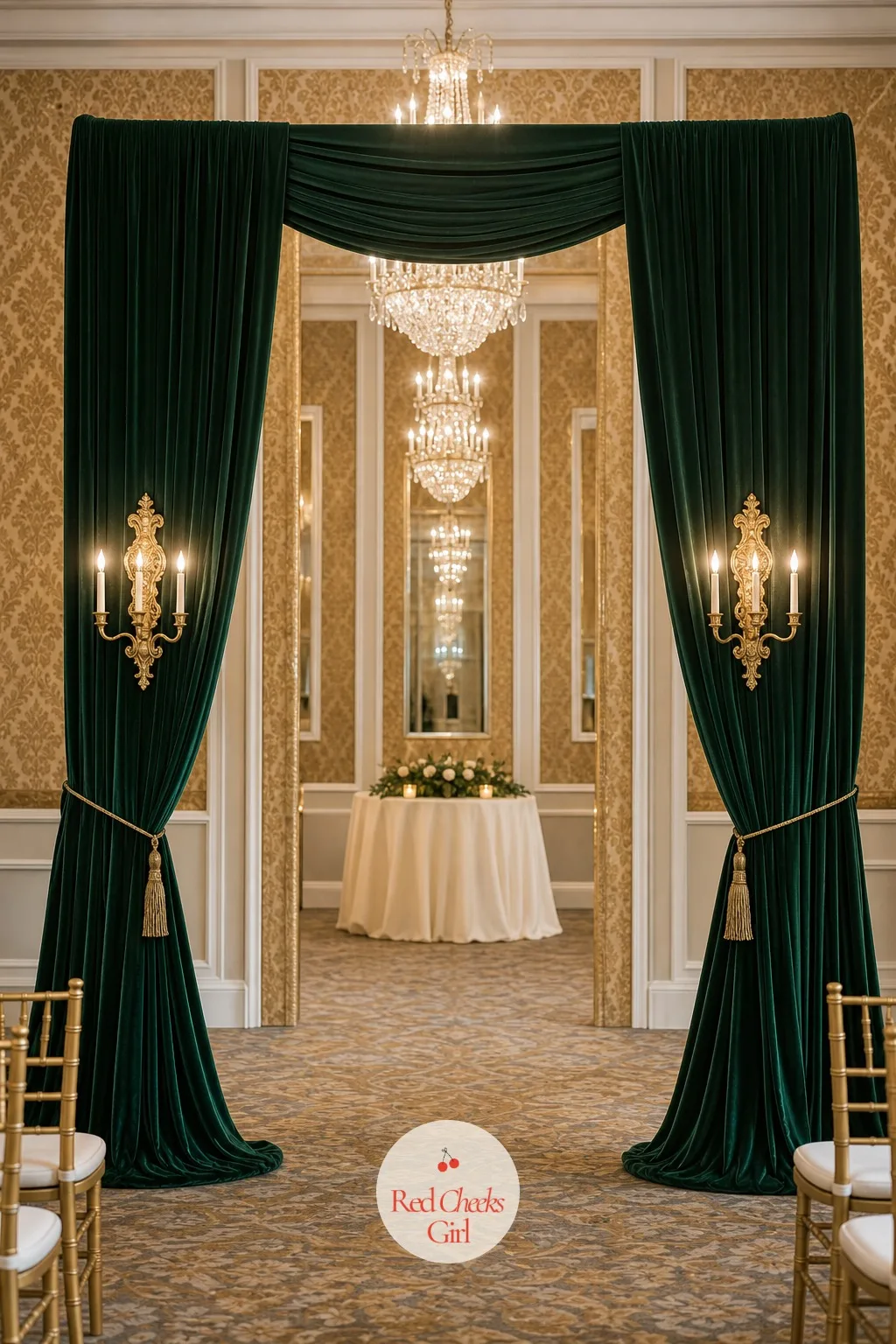 Velvet Drape Arch With Gold Candle Sconces — Velvet changes the temperature of a ballroom entirely, it absorbs light rather than reflecting it, which makes