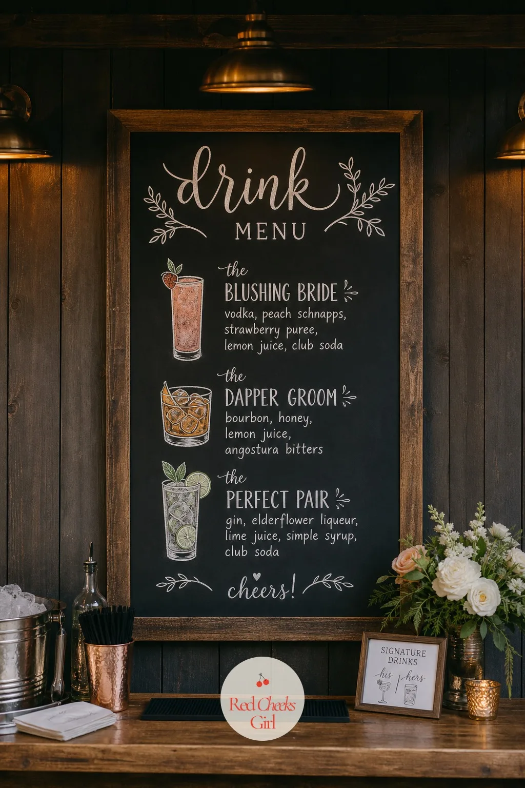 Chalkboard Drink Menu — A printed menu laminated to a clipboard reads like a diner, not a wedding, and that gap shows up in every close up photo. Wedding bar