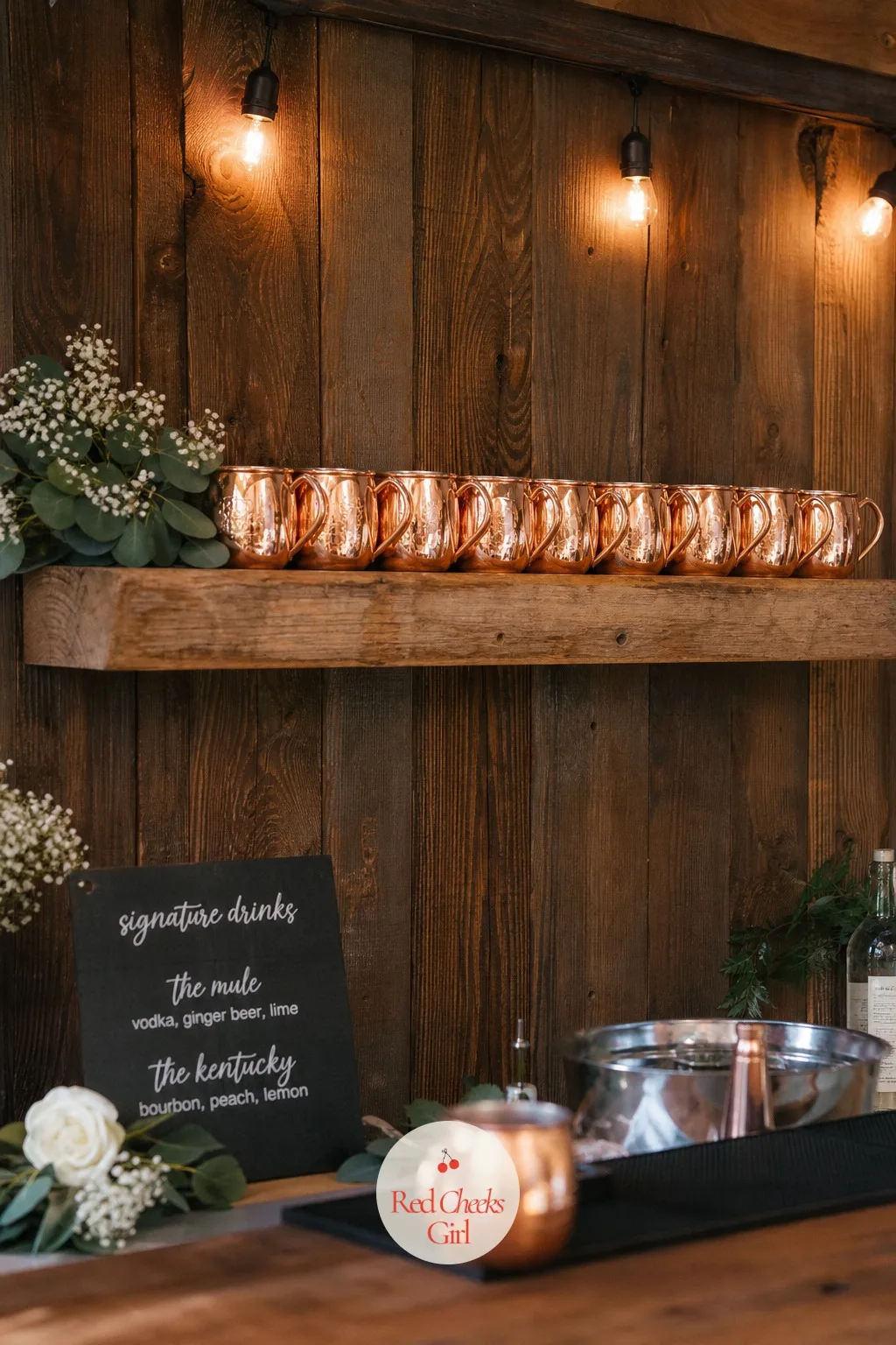 Copper Mule Mug Display — A row of identical glasses looks fine but a row of hammered copper catches light that glass never will, and it signals exactly what