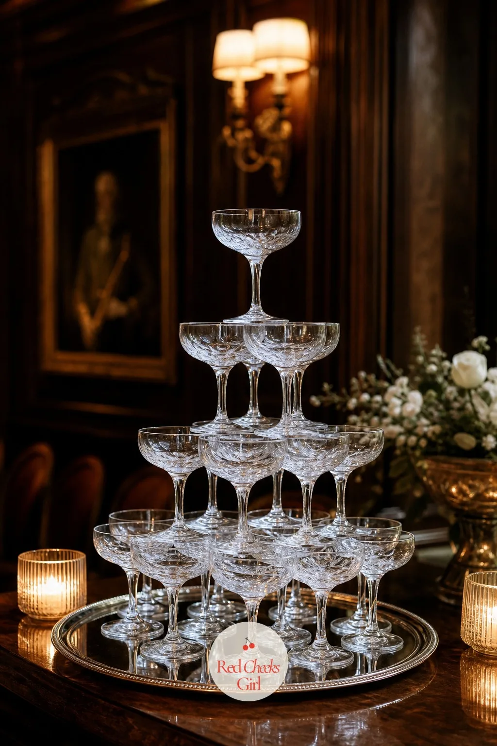 Crystal Coupe Pyramid Display — A stack of empty glasses waiting to be filled usually just looks like inventory, until it is arranged on purpose instead of set