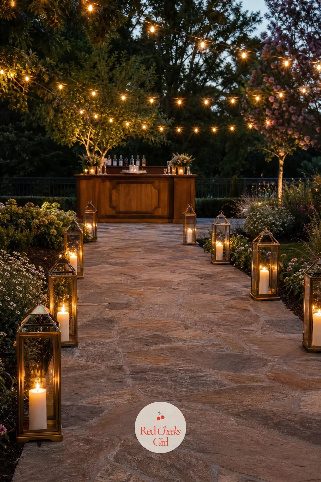 Lantern-Lined Pathway to the Bar — An outdoor bar set apart from the main tent can feel like an afterthought once the sun goes down and the path to it