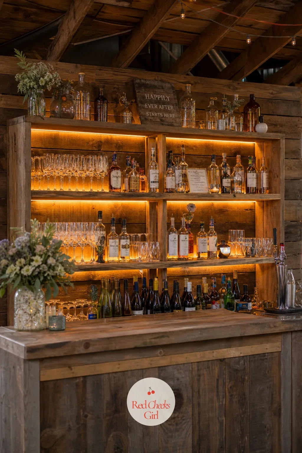Lights Behind the Bar — Bottles on an open shelf look like storage until there is light behind them, and then suddenly they look like a display. Wedding bar