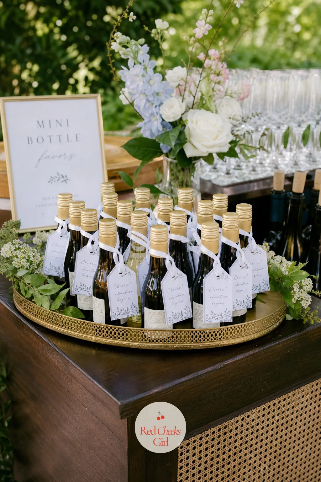 Mini Bottle Favor Station — The very last thing a guest reaches for before heading to the car should feel like a small gift, not an afterthought grabbed off a