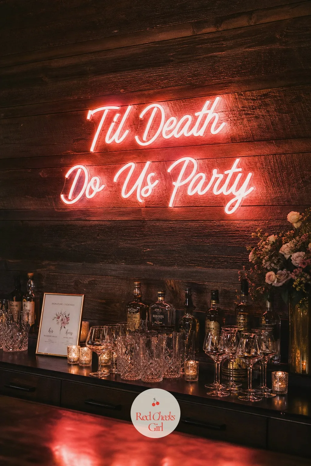 Neon-Style Sign — A bar without a sign is just a counter with bottles on it, and guests will stand there scrolling a phone menu that does not exist. Wedding