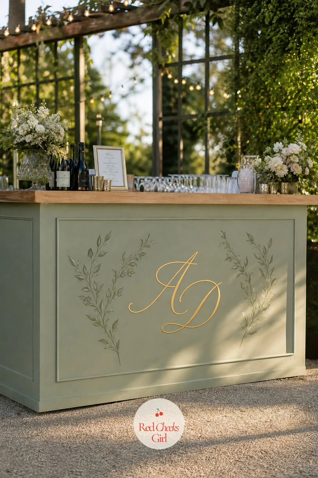 Painted Monogram Panel — Guests look for something to tell them whose wedding this is the moment they walk up to order a drink, and a bare counter gives them