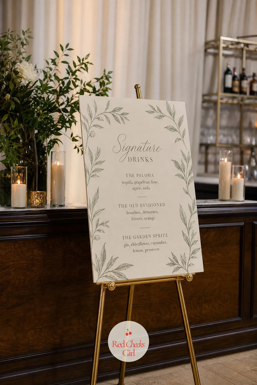 Signature Drink Menu on an Easel — Guests hesitate at an open bar when there is no list to point at, and a hesitant guest is a slow line. Wedding bar decor
