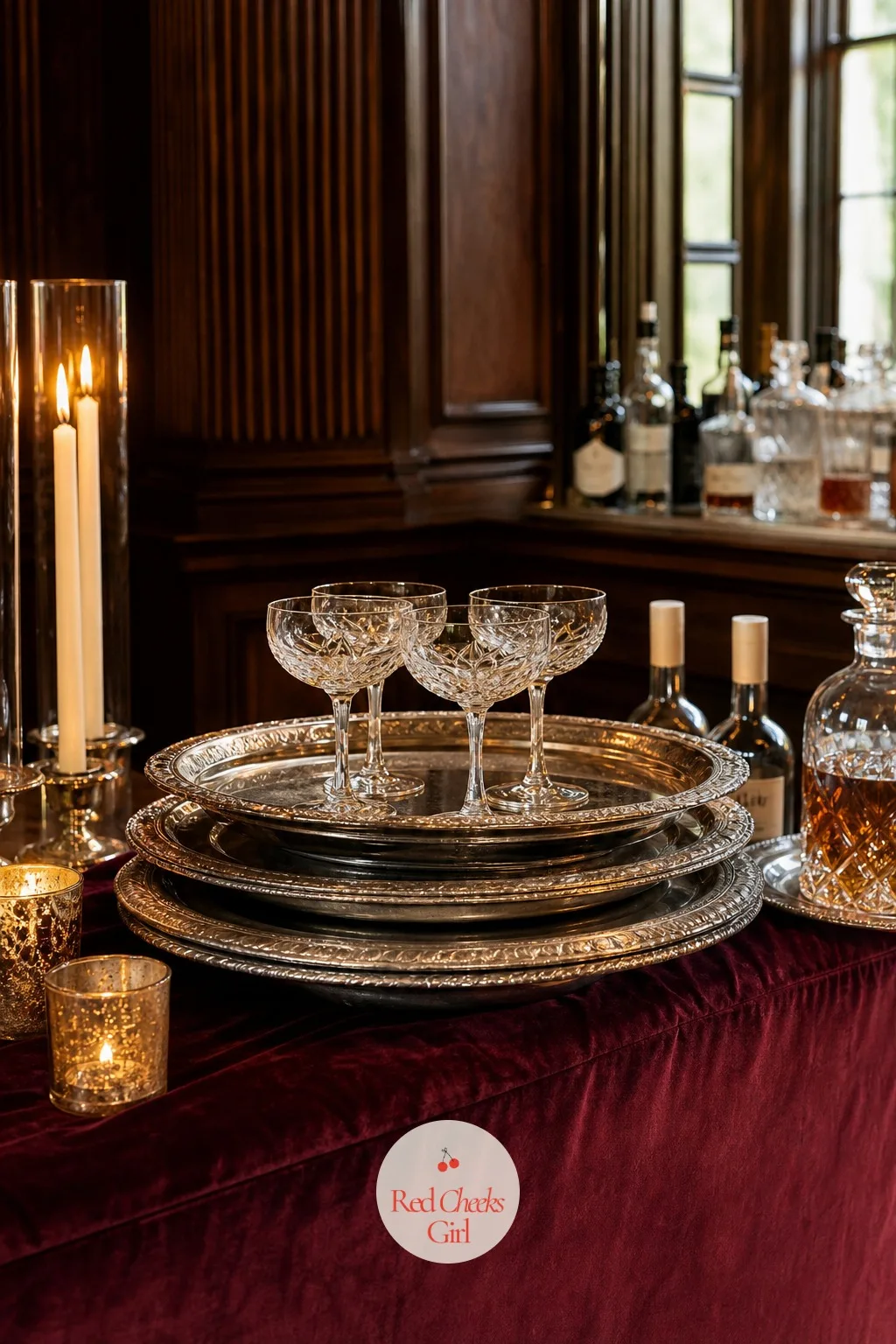 Vintage Silver Trays — Drinks handed over a bare counter feel transactional, and a wedding bar should feel like a party, not a transaction. Wedding bar decor