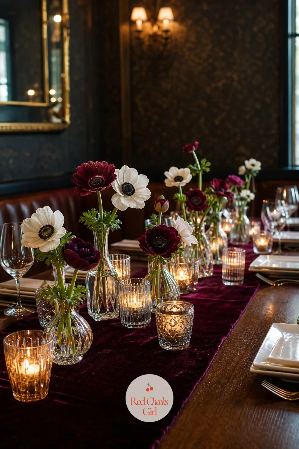 Anemone and Votive Clusters — Anemone has that dark centre and papery petal that looks almost painted, scatter it through a cluster of small votives and the