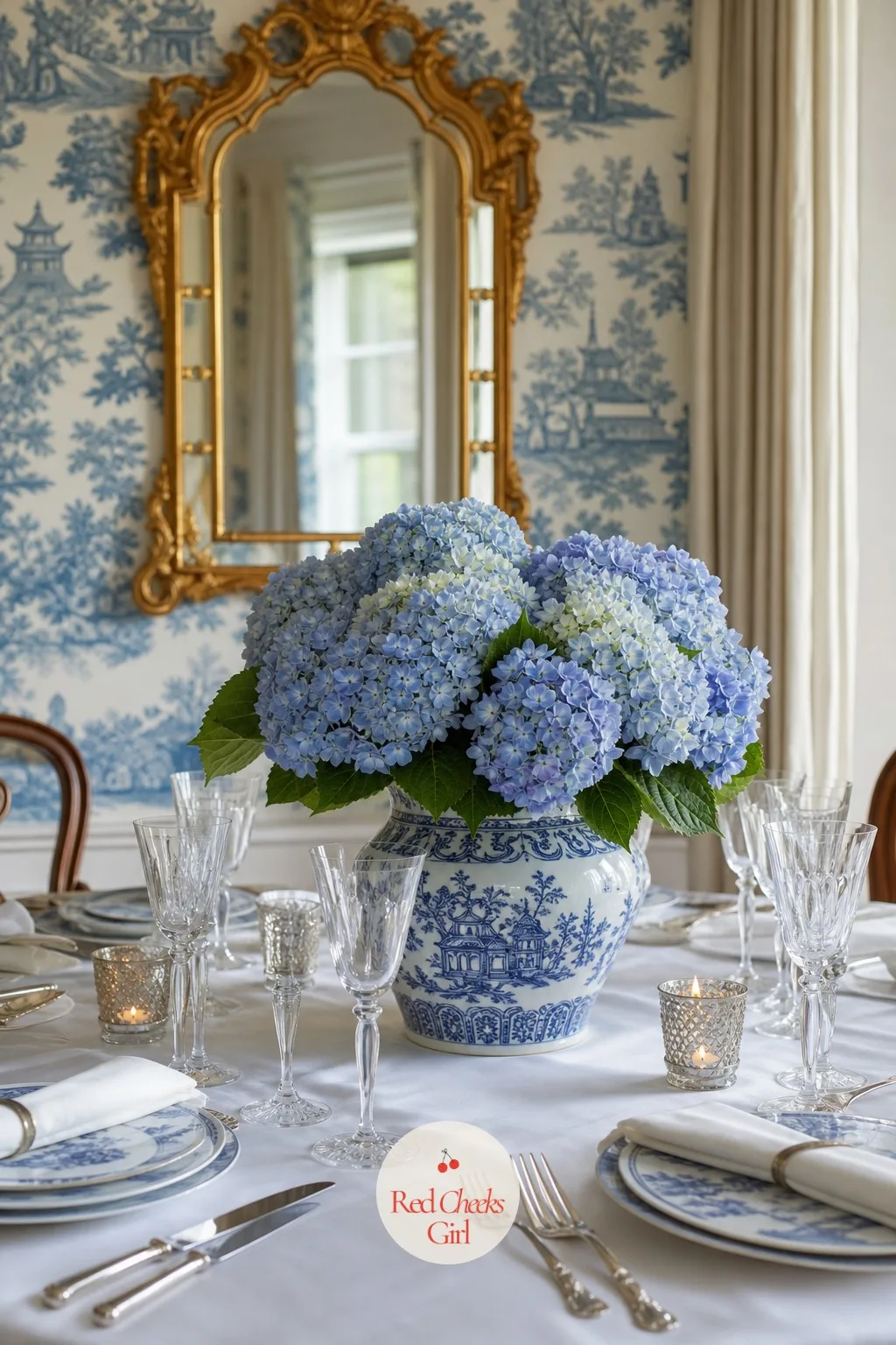 Blue and White Porcelain with Hydrangea — A blue and white porcelain vase looks like an heirloom even when it was bought last month, and a single full head of