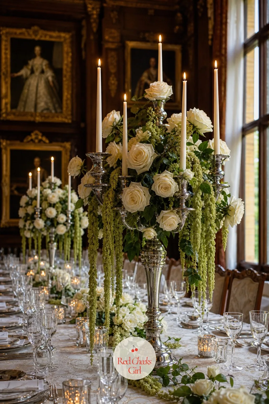Cascading Florals on Candelabras — A candelabra already looks like an heirloom before a single flower touches it; add blooms that spill down the arms rather