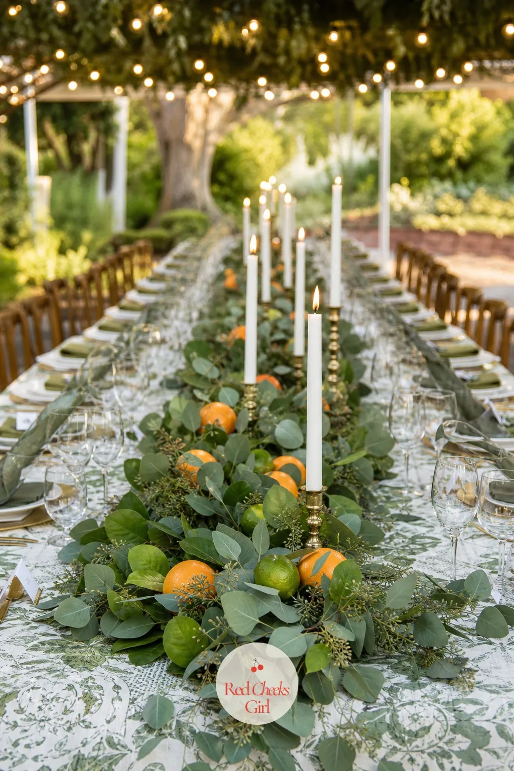 Citrus and Eucalyptus Table Runner — Rather than a single centerpiece, this one runs the whole length of the table: eucalyptus garland studded with whole