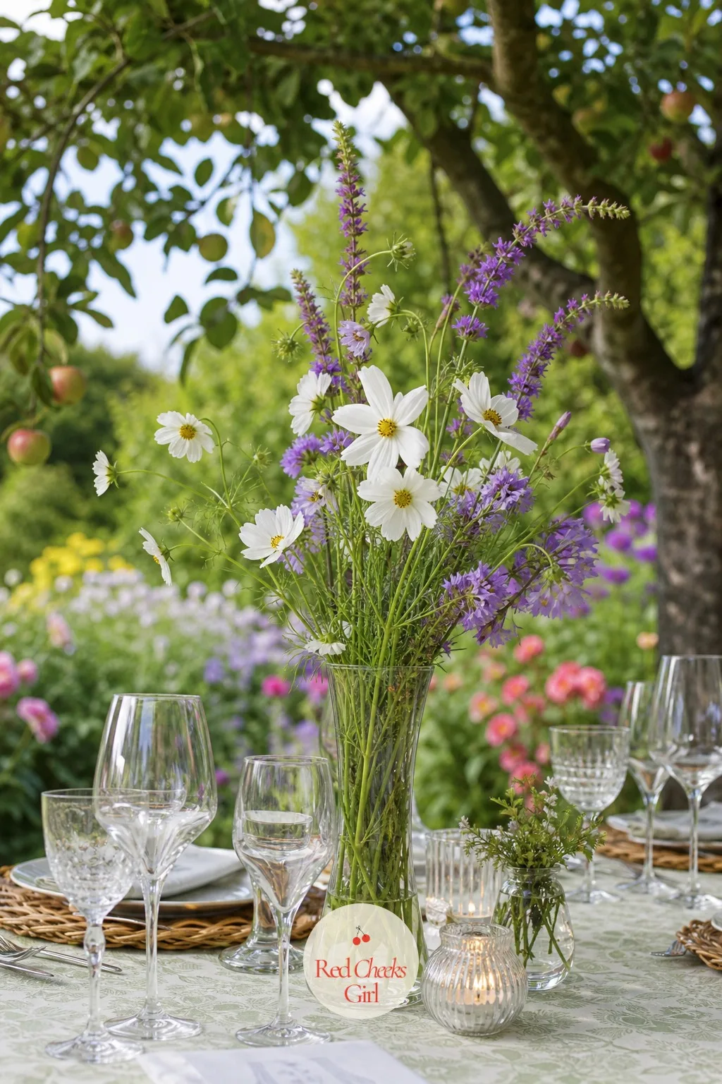Cosmos and Veronica Wild Clusters — This is the closest a styled table gets to an actual meadow: cosmos on its thin stems moving with every breeze, veronica