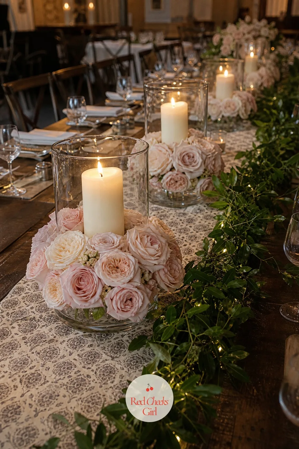 Garden Rose Rings Around Pillar Candles — A pillar candle alone can look a bit lonely on a big table. Wedding centerpieces