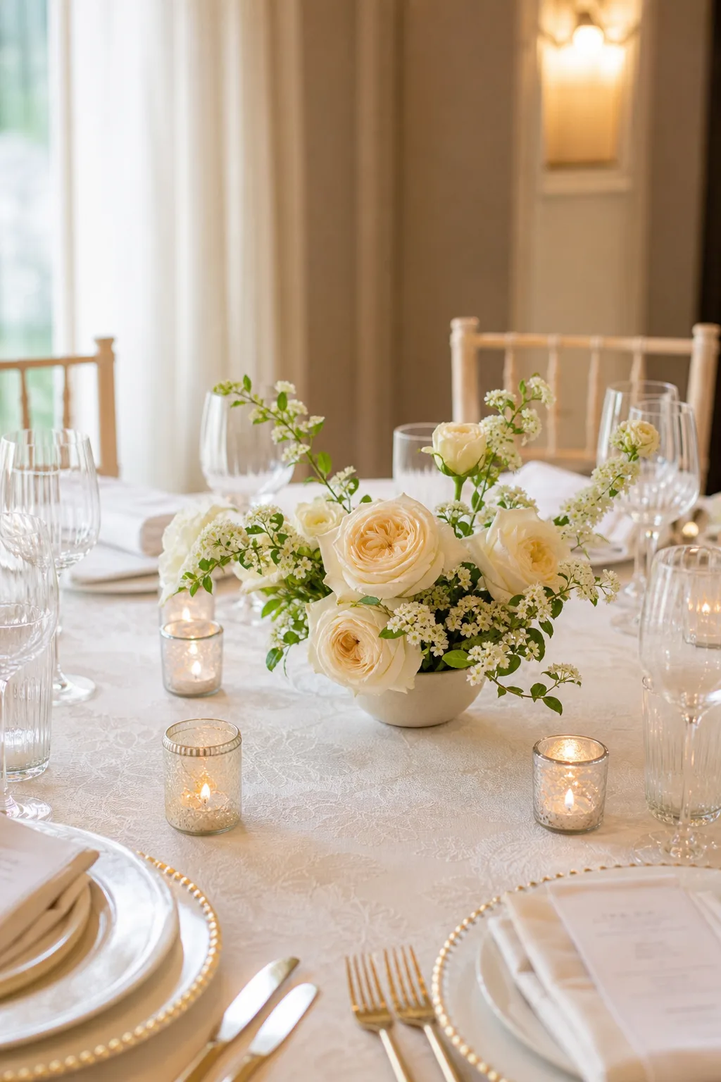 Garden Rose and Spirea Minimal Bowls — The last word on restraint: a handful of garden roses with a little spirea for movement, sitting in a small bowl that