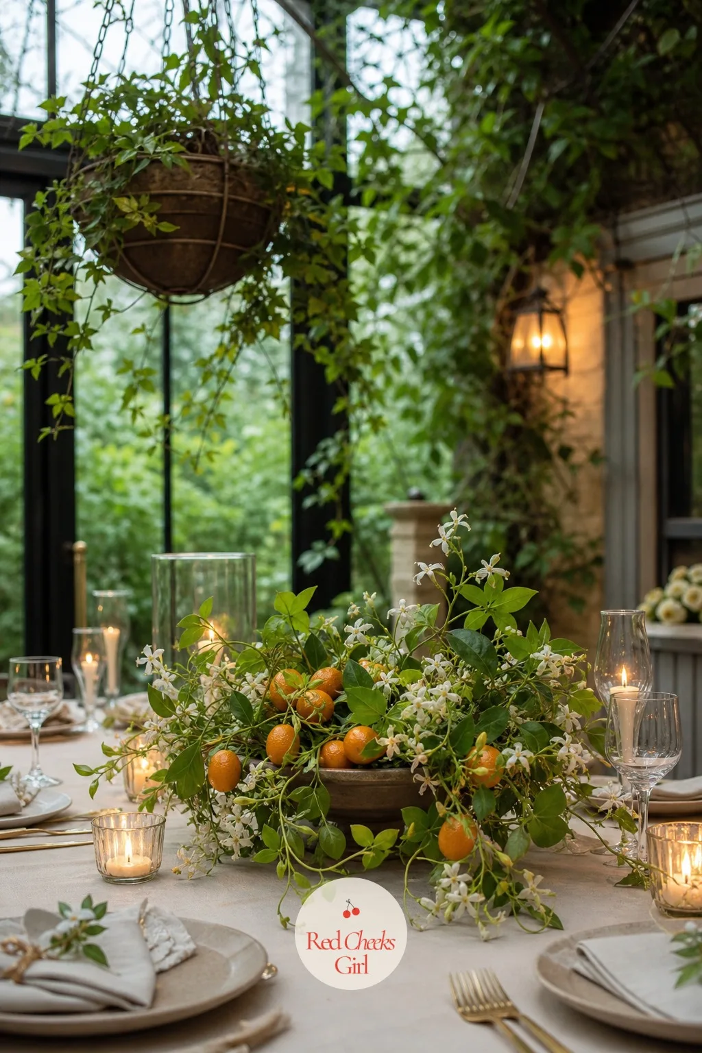 Kumquat and Jasmine Vine Centerpiece — Tiny kumquats on the branch look almost like ornaments, and trailing jasmine vine threaded through them brings both