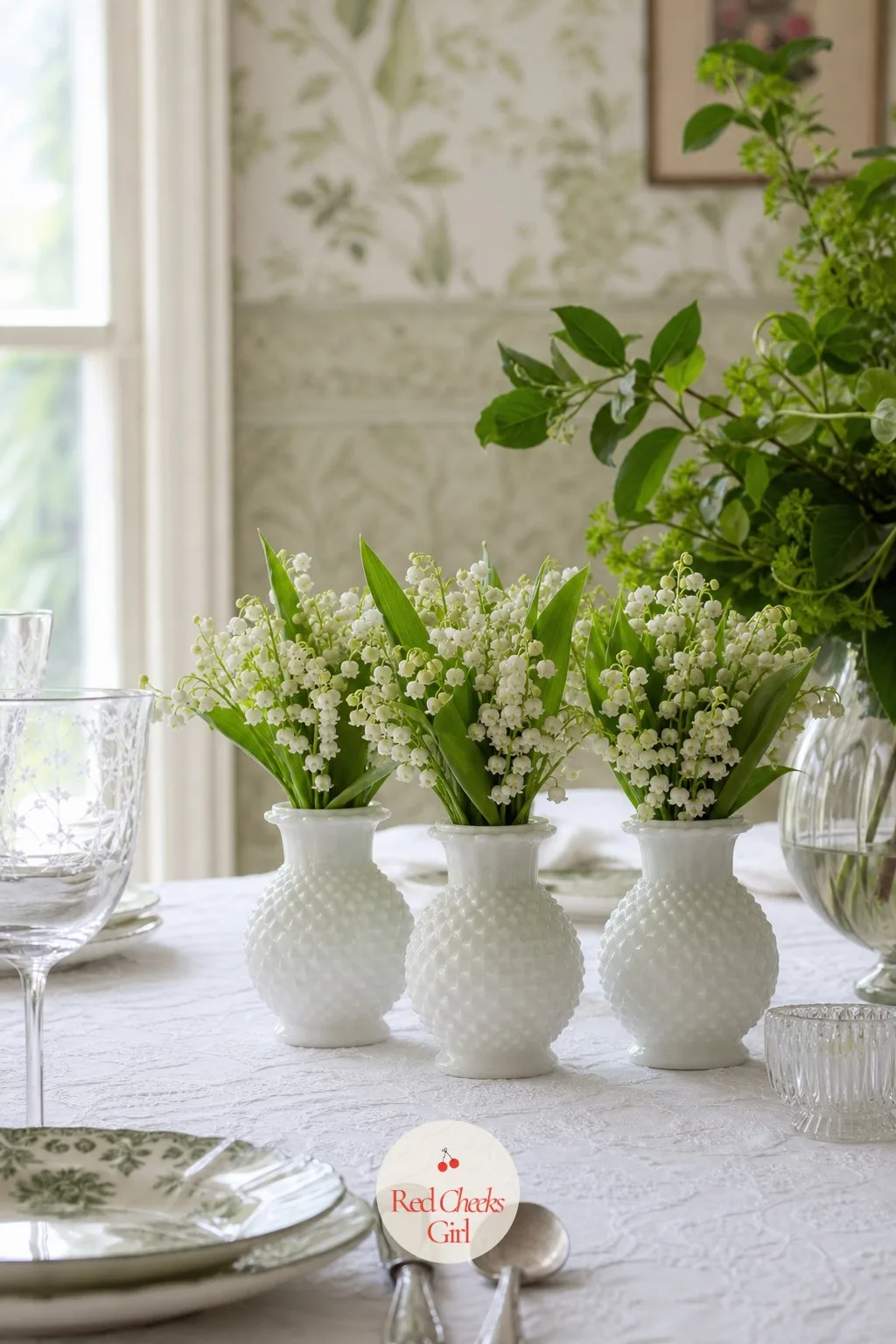 Lily of the Valley in Milk Glass Trios — Nothing smells quite like lily of the valley, and because the stems are so small a trio of milk glass vases holding