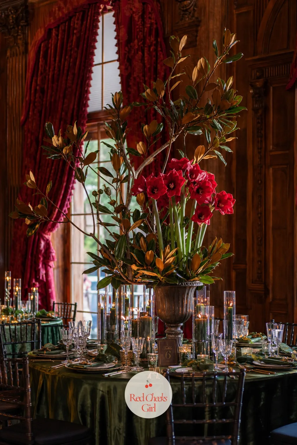Magnolia Branch and Amaryllis Towers — Glossy magnolia leaves give instant structure and shine without costing a fortune in blooms, and a few amaryllis stems