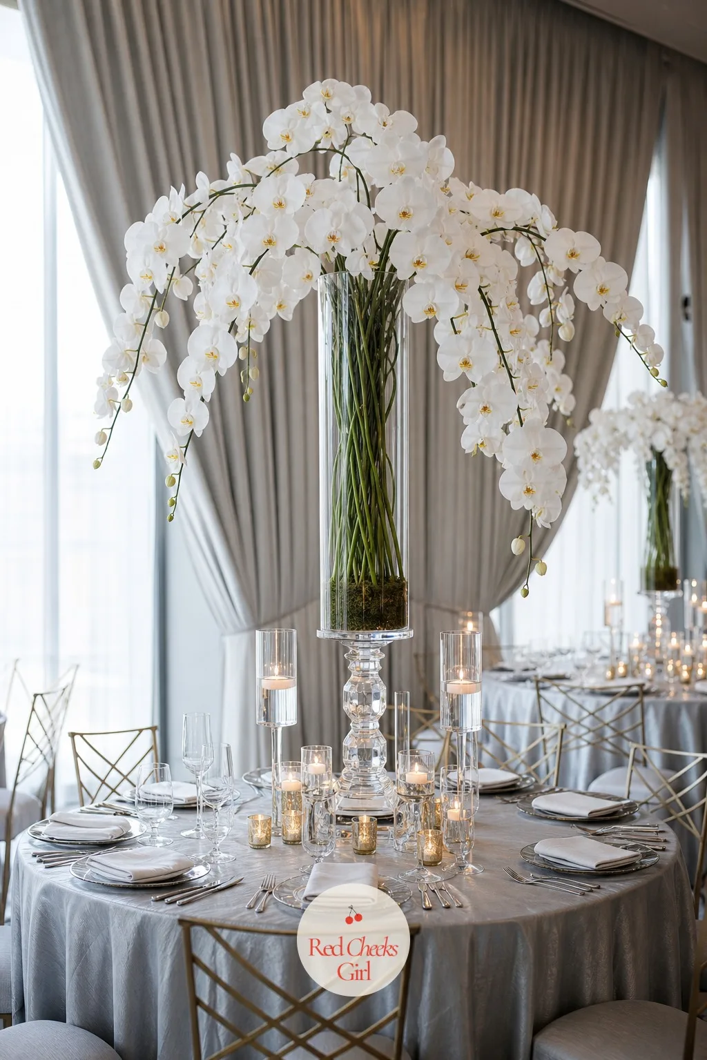 Orchid Towers on Crystal Stands — For a modern, slightly glamorous room, nothing reads sleeker than a single stem type taken tall: phalaenopsis orchids rising