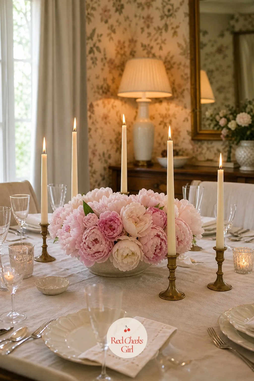Peonies with Taper Candles — The classic for a reason: full-headed peonies at candle height so the flame catches every ruffled petal once the room dims
