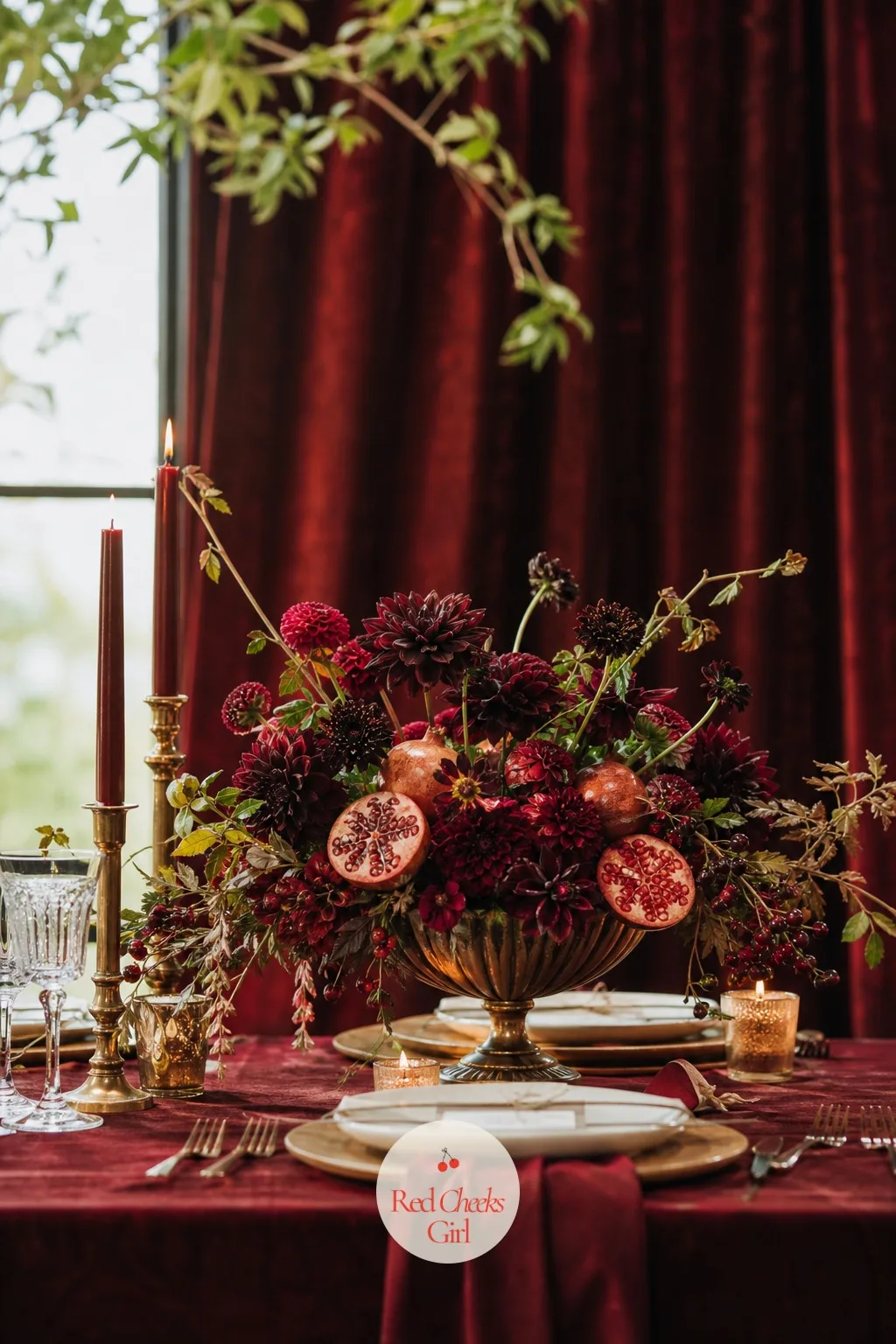 Pomegranate and Dahlia Arrangements — Split pomegranates bring a colour no flower quite matches, a deep ruby that looks almost lit from inside, and paired with