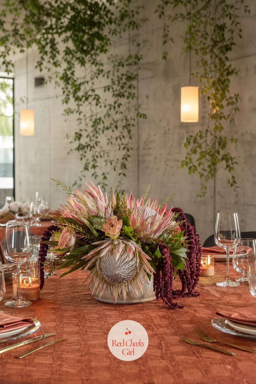 Protea and Amaranthus Low Arrangements — For a reception that wants texture over softness, protea's strange, spiky bloom next to trailing amaranthus gives a