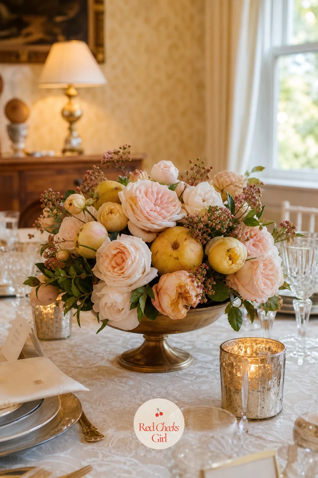 Quince and Garden Rose Mix — Quince has a soft golden blush and a scent that fills a room on its own, and tucked among pale garden roses it gives an autumn