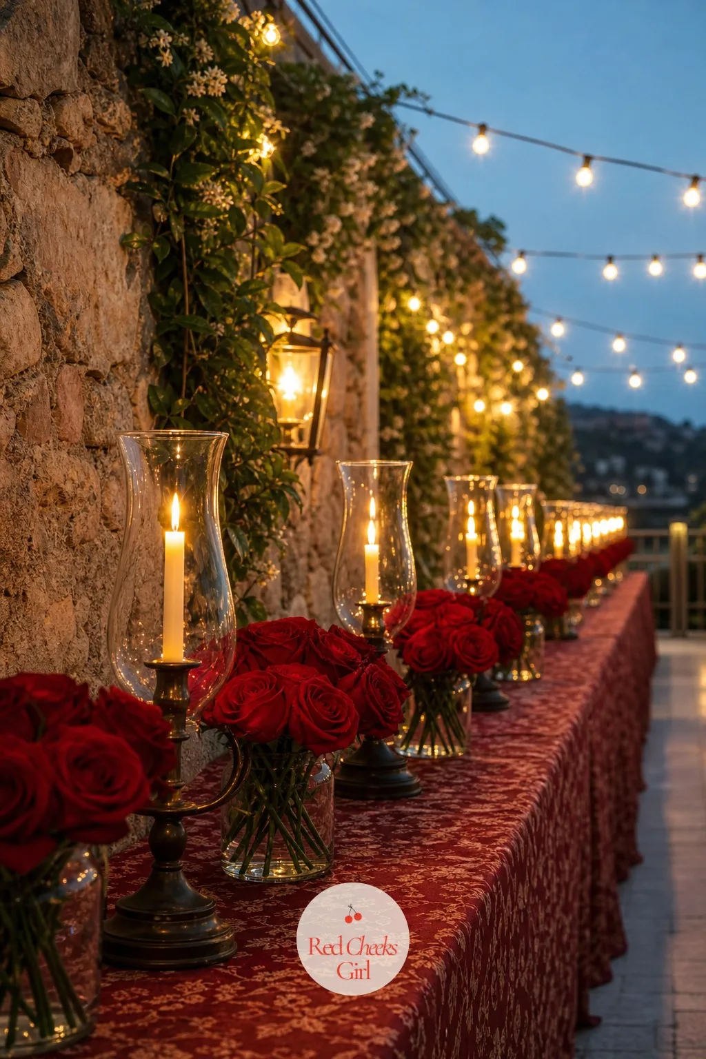 Rose and Hurricane Lamp Row — Instead of one centerpiece, a row of hurricane lamps down the table gives repeated light and repeated colour, which reads