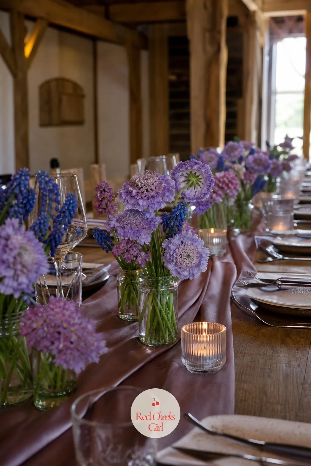 Scabiosa and Muscari Clusters — For the bride who wants something nobody else's wedding had: scabiosa's papery, slightly wild bloom next to tiny muscari spikes