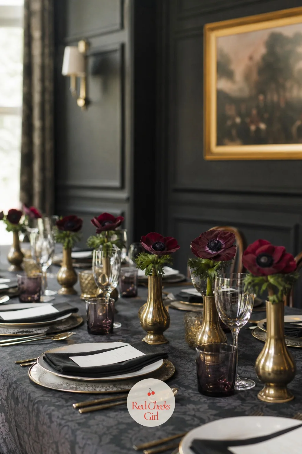 Single Stem Anemones in Brass Vessels — One flower, one vessel, repeated down the table: it looks deliberate rather than sparse, and the dark centre of an