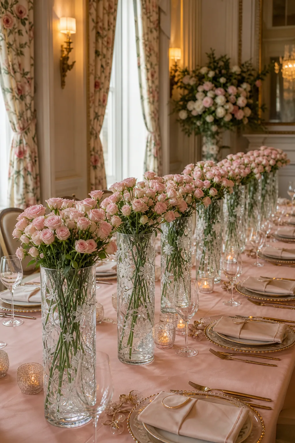 Spray Roses in Etched Glass Cylinders — Spray roses give several small blooms per stem rather than one large head, which makes a repeated row of etched glass