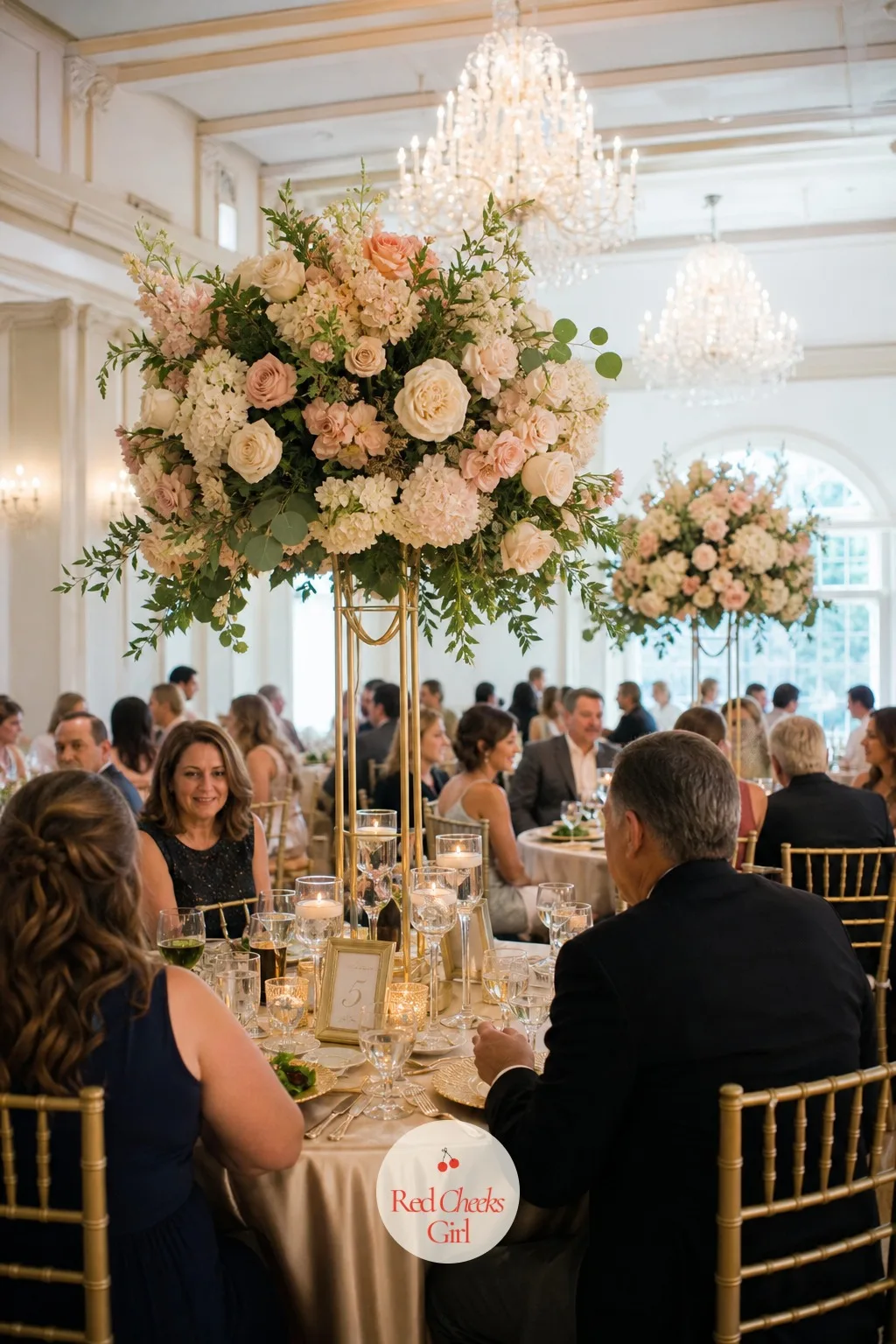 Tall Arrangements on Gold Stands — This is the picture most brides have saved to a board somewhere: a slim gold stand lifting a full, loose arrangement well