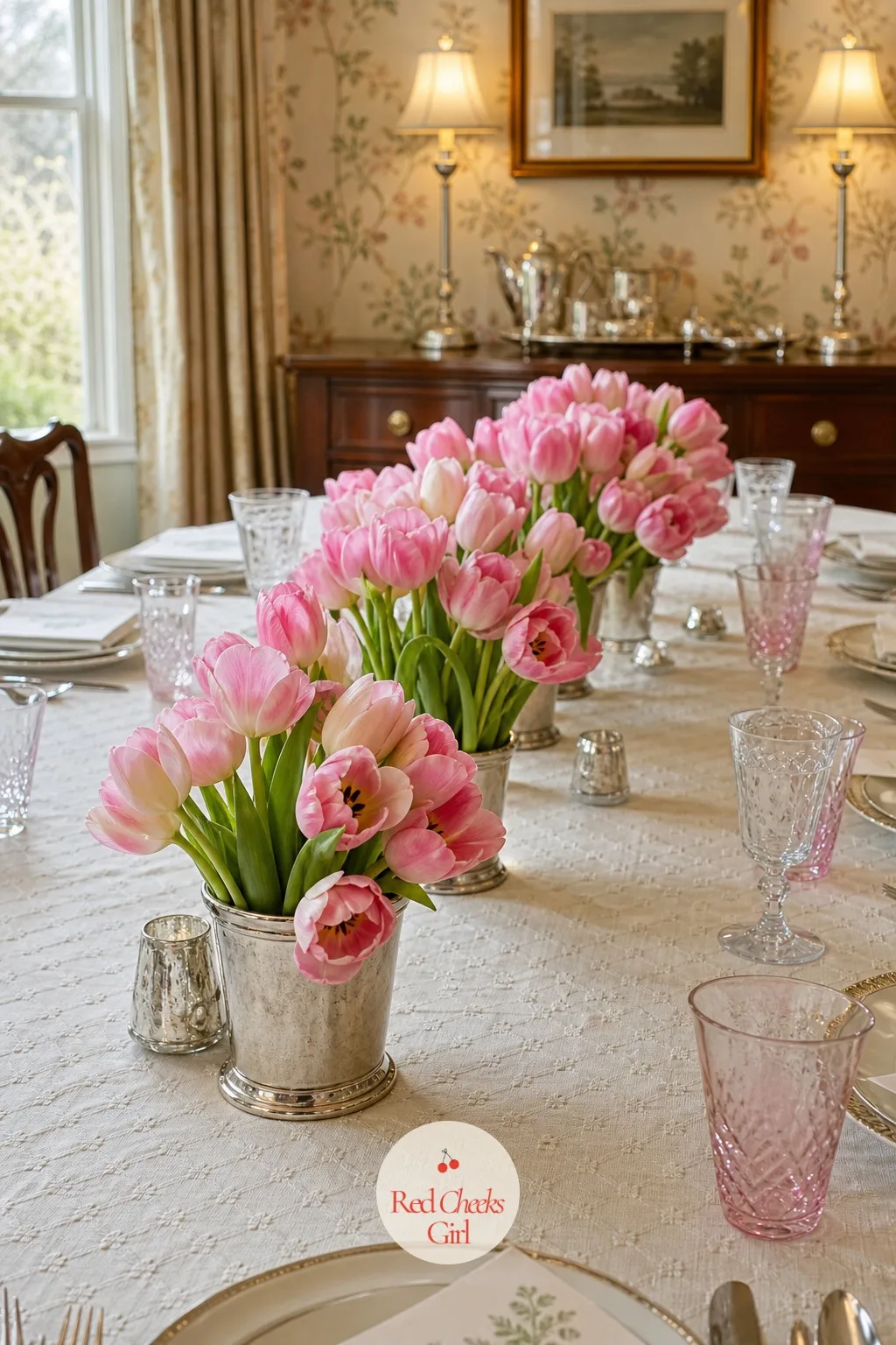 Tulips in Silver Julep Cups — Julep cups give even a handful of tulips an old-money kind of polish, the silver catching candlelight in a way a plain glass vase