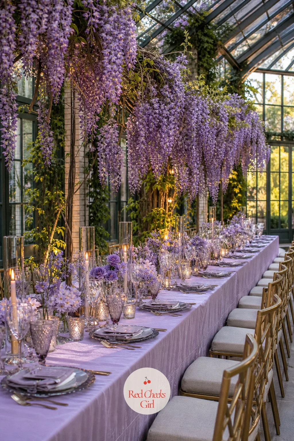 Wisteria Cascades Over the Table — Instead of one tall piece in the middle, wisteria trails the whole length of the table from an overhead point or a tall