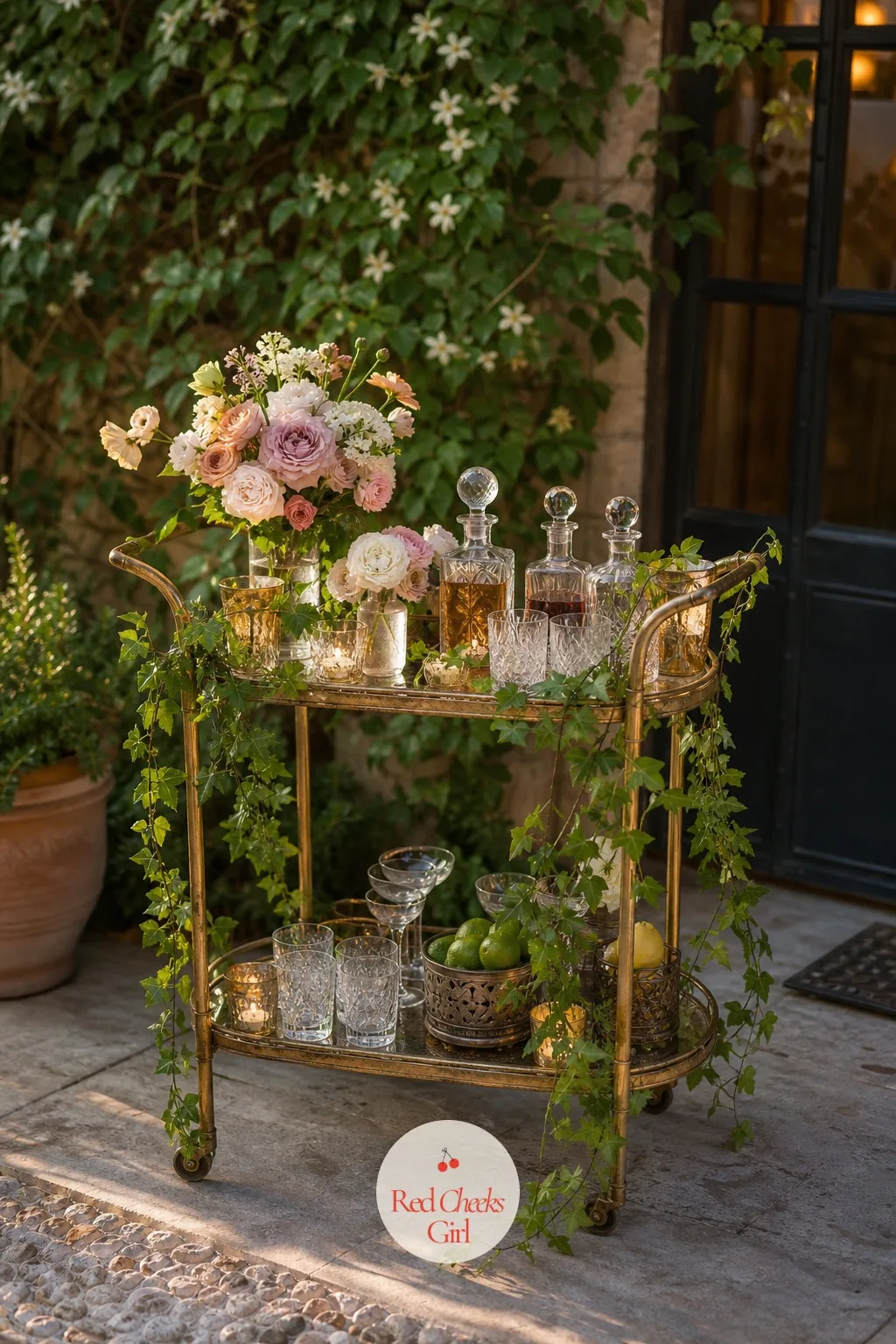 Brass and Botanical Bar Cart — A second, smaller bar off to the side keeps the main line moving and gives guests a reason to wander the room rather than