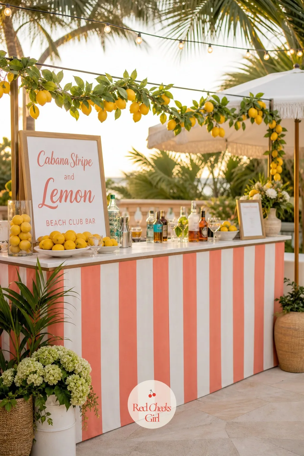 Cabana Stripe and Lemon Beach Club Bar — A standard black bar skirt works anywhere, which is exactly the problem for a wedding trying to feel like a specific