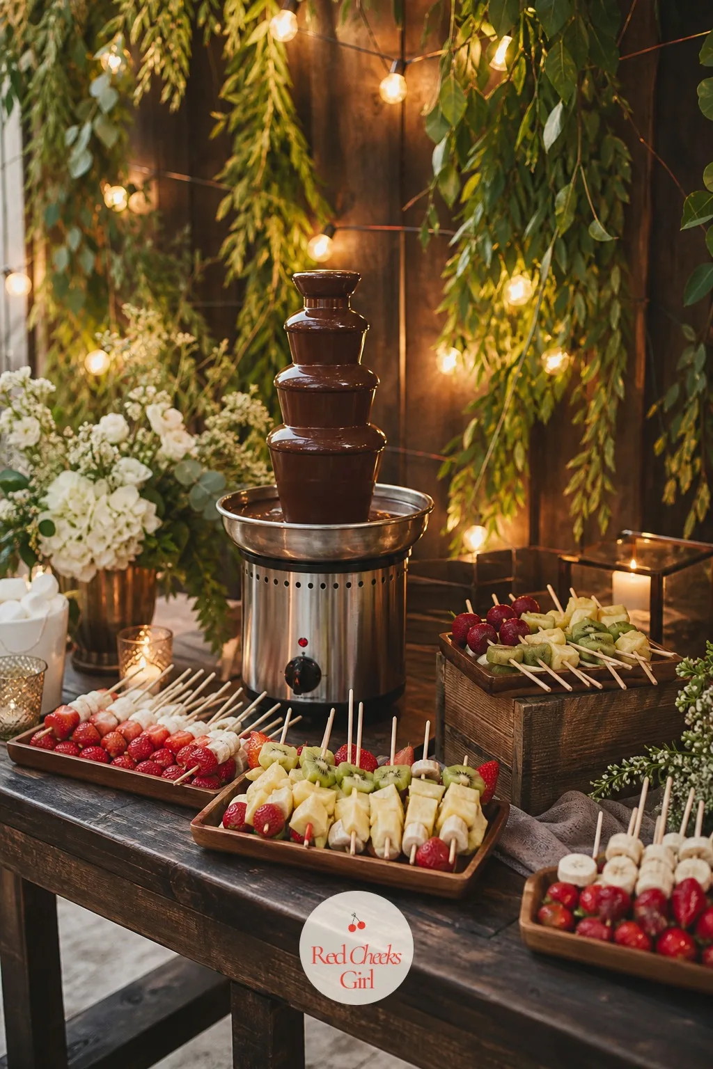 Chocolate Fountain Station with Seasonal Fruit — A dessert table with nothing interactive on it means guests take one look and move on toward the bar instead.